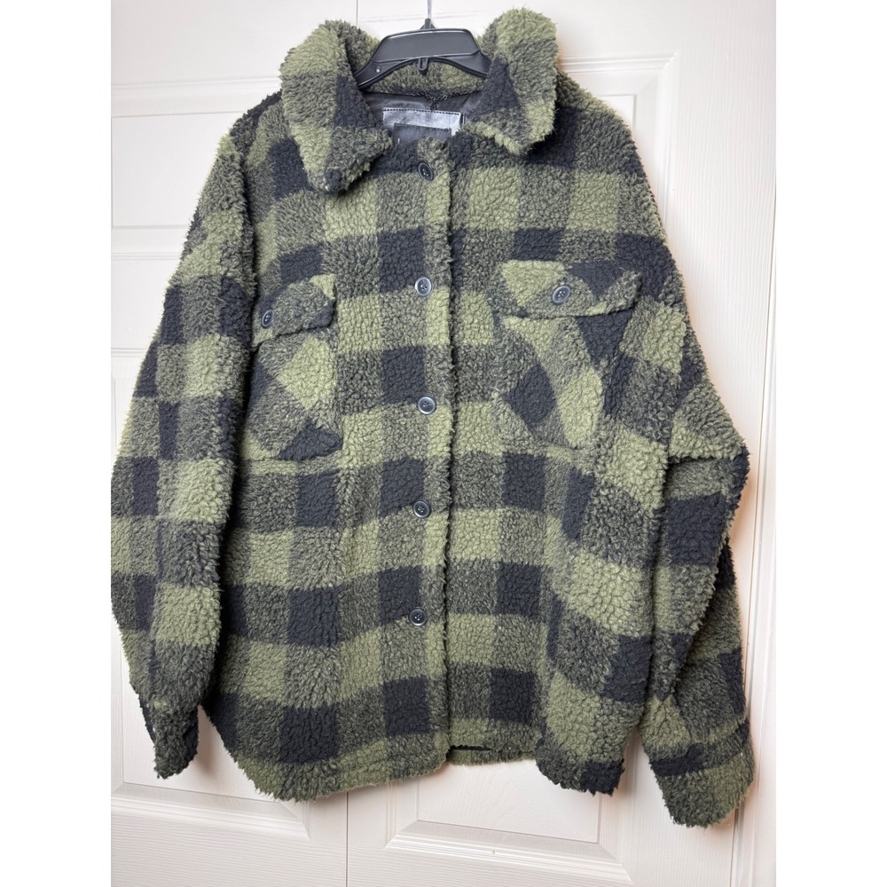 Lucky Brand Faux Sherpa Plaid Coat Jacket Buttons Faux Fur